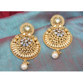 Gold White Pearl Drop Chand Bali Earrings With Maang Tikka