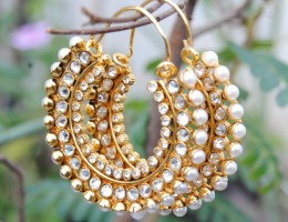  Polki Diamond Pearl Bali Hoop Earrings