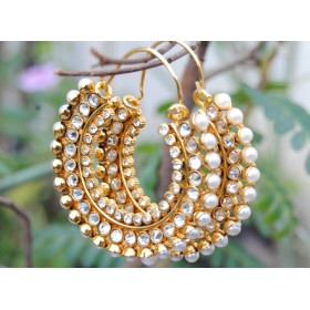  Polki Diamond Pearl Bali Hoop Earrings