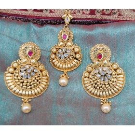 Gold Pearl Drop Chand Bali Earrings With Maang Tikka