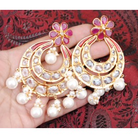 Floral Ruby Gold Chand Bali Earrings