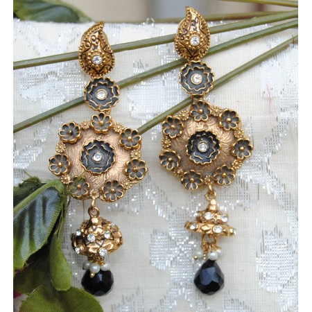 Black Gold Enamel Pearl Diamond Dangler Earrings