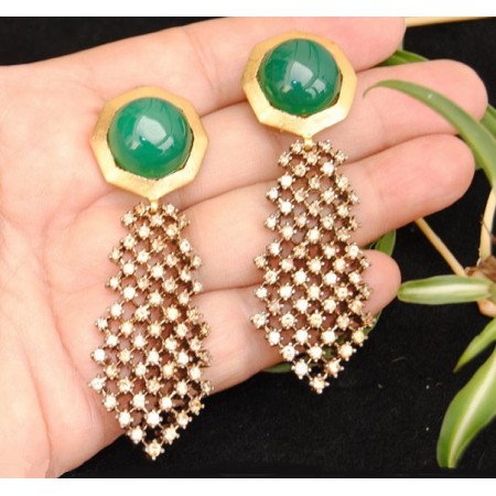 Green Onyx Champagne Diamonds Gold Earrings