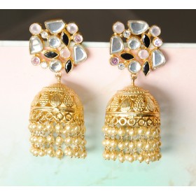  Gold Jhumkas Studded with Uncut Diamonds and Dangling Pearl Strings