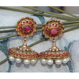 Gold Red Jhumka Earrings 