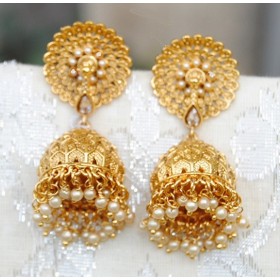 Floral Stud Gold Jhumkas with Pearls