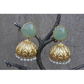 Aqua Chalcedony Semi-precious 18K Gold Plated Jhumka Earrings 