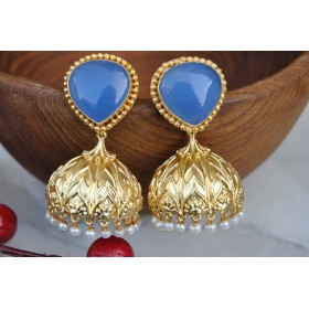 Blue Chalcedony Semi-precious 18K Gold Plated Jhumka Earrings 