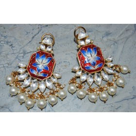 Lotus Red/Violet Enamel Pearl Diamond Dangler Earrings