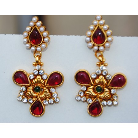 Red Pearl Stud Dangler Earrings