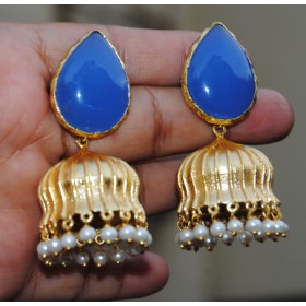 Blue Chalcedony Semi-precious 18K Gold Plated Drop Jhumka Earrings 