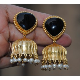 Black Melanite Garnet Heart Semi-precious 18K Gold Plated Jhumka Earrings 