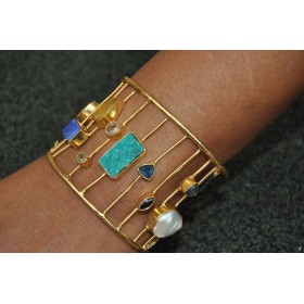 Gold Cuff Bracelet with Multi Color Druzy Gemstones 