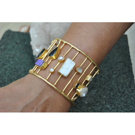 Multi-Color Gold Plated Cuff Bracelet with Druzy Gemstones 