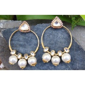 Uncut Diamond Bali Earrings with Dangling Pearls