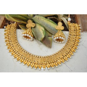 Spiral Gold Plated Ethnic Necklace Set with Jhumkas