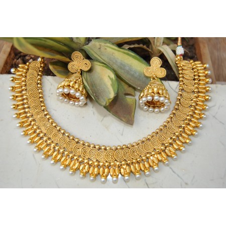 Spiral Gold Plated Ethnic Necklace Set with Jhumkas