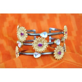 Floral Oxidised Cuff Bracelet with Kundan Stones