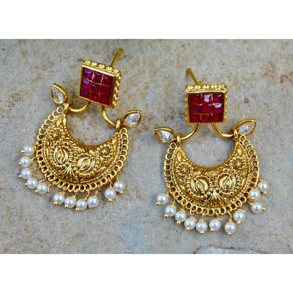 Antique Chand Bali Earrings With Square Ruby Studs