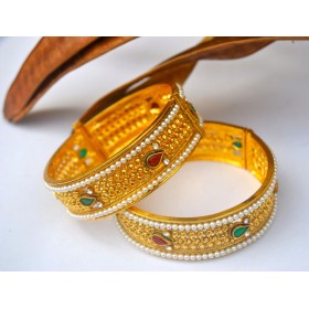 Traditional Ethnic Gold Kada Bangle with Pearls