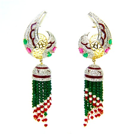 Emerald Tassel with Diamond Jhumka Earrings