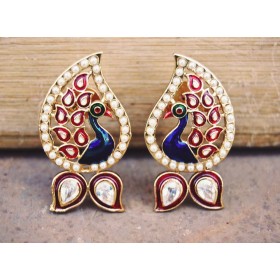 Paan Peacock Polki Stud Earrings with Red Meena 