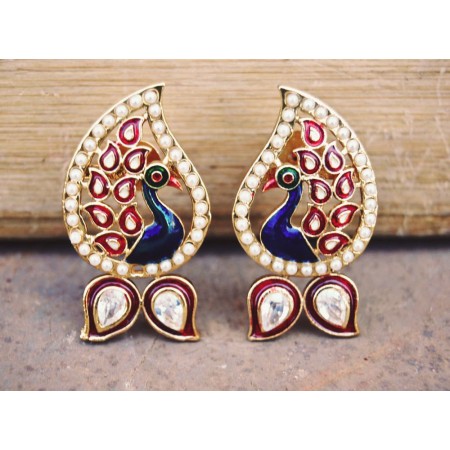 Paan Peacock Polki Stud Earrings with Red Meena 