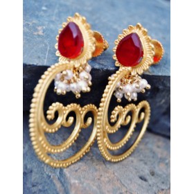 Spiral Paan Ruby Earrings with Pearl Bunches