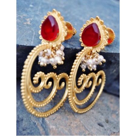 Spiral Paan Ruby Earrings with Pearl Bunches