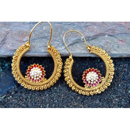 Antique Pearl Red Flower Chand Hoop Earrings