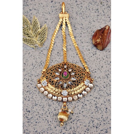 Antique Golden Diamond Maang Tikka Jhumar