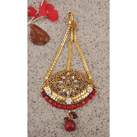 Antique Golden Red Maang Tikka Jhumar