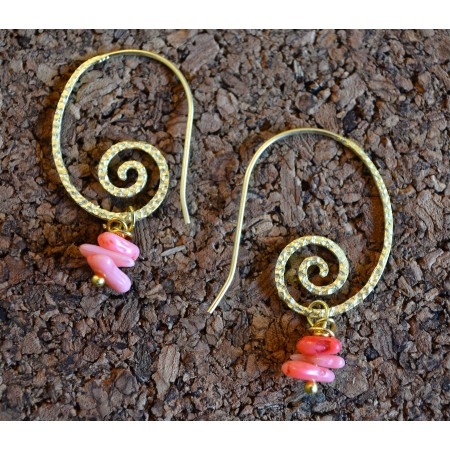 Spiral Gold Earrings with Coral Stones