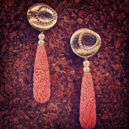 Gold Disc Coral Spear Earrings 