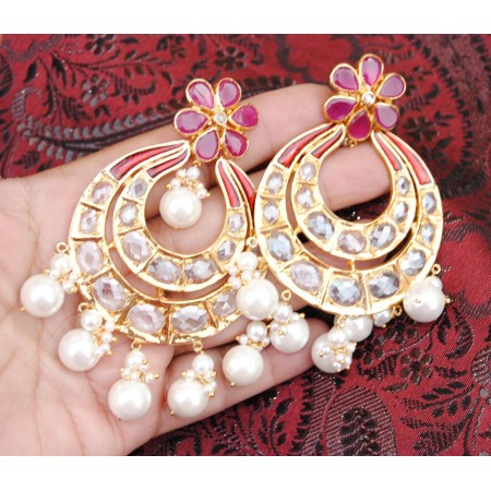 Floral Ruby Gold Chand Bali Earrings