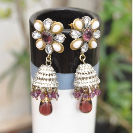 American Diamond Jhumka with Purple Drop
