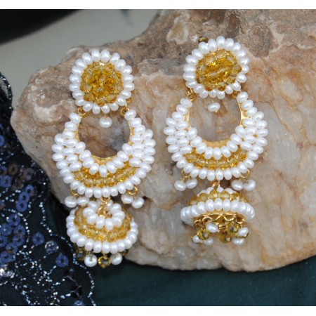 Yellow Crystal Pearl  Jhumkas