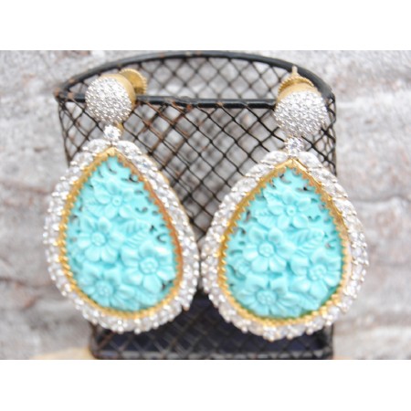 Blue Floral Carved AD Earrings