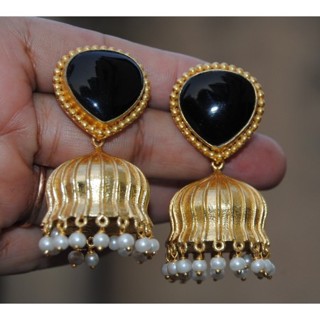 Black Melanite Garnet Heart Semi-precious 18K Gold Plated Jhumka Earrings 