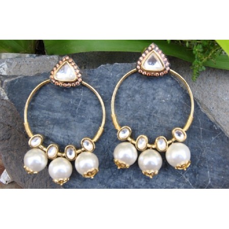 Uncut Diamond Bali Earrings with Dangling Pearls