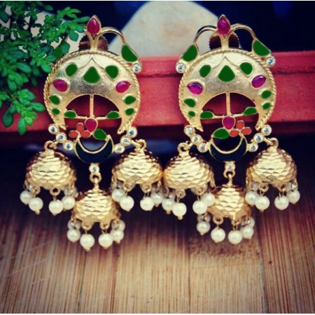 Green Red And Black Triple Jhumki Gold Earrings